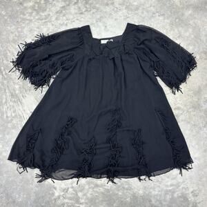 Max Mara M Black 3/4 Sleeve Fringe Shift Mini Dress Evening Cocktail Classic